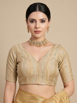 SALWAR STUDIO - Gold Woven Designed Cotton V Neck Readymade Saree Blouse
