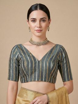 SALWAR STUDIO - Grey Woven Designed Cotton V Neck Readymade Saree Blouse