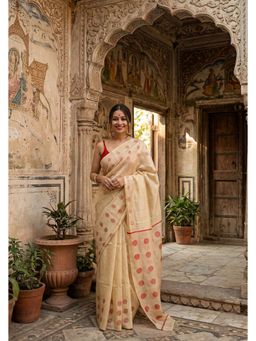 Anjaneya Sarees - Beige Cotton Silk Saree with Unstitched Blouse