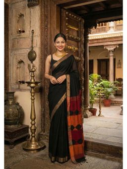 Anjaneya Sarees - Black Cotton Silk Woven Saree with Unstitched Blouse