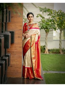 Anjaneya Sarees - Beige Banarasi Silk Woven Zari Saree with Unstitched Blouse