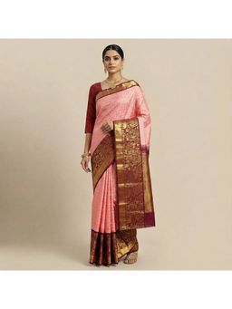 Anjaneya Sarees - Peach Banarasi Silk Woven Saree with Unstitched Blouse