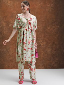 VISHUDH - Polyester Green Floral Kurta with Pant