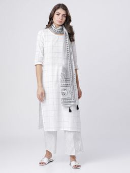 VISHUDH - Cotton White Checks Kurta with Palazzo and Dupatta