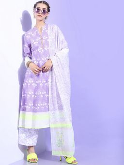 VISHUDH - Cambric Purple Floral Kurta with Palazzo and Dupatta