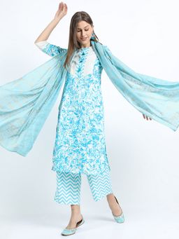 VISHUDH - Polyester Blue Floral Kurta with Palazzo and Dupatta