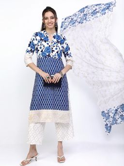 VISHUDH - Viscose Navy Blue Floral Kurta with Pant and Dupatta