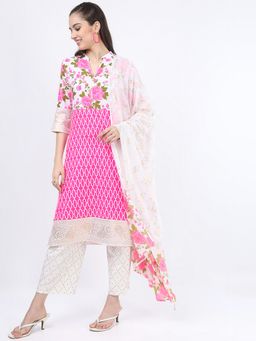 VISHUDH - Viscose Pink Floral Kurta with Pant and Dupatta