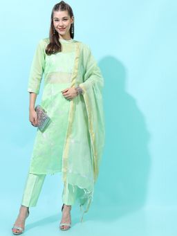 VISHUDH - Chanderi Green Floral Kurta with Pant and Dupatta