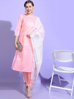 VISHUDH - Chanderi Pink Floral Kurta with Pant and Dupatta