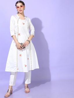 VISHUDH - Viscose White Embroidered Kurta with Pant
