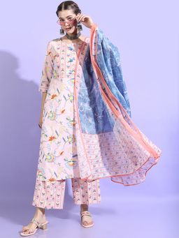 VISHUDH - Cotton Pink Floral Kurta with Palazzo and Dupatta