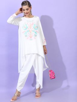 VISHUDH - Viscose White Floral Kurta with Dhoti Pant