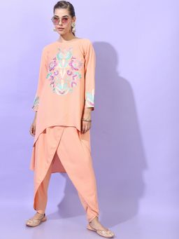 VISHUDH - Viscose Orange Floral Kurta with Dhoti