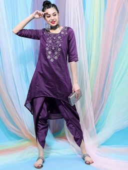 VISHUDH - Cambric Purple Embroidered Kurta with Dhoti