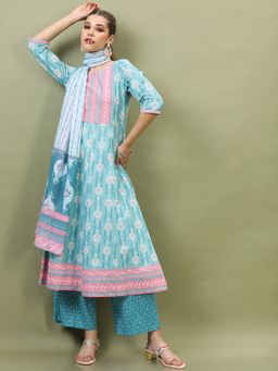 VISHUDH - Cotton Blue Floral Anarkali Kurta with Palazzo and Dupatta