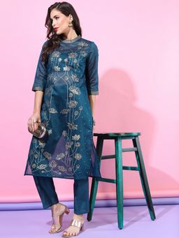 VISHUDH - Chanderi Blue Floral Kurta with Inner and Pant