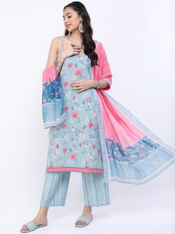 VISHUDH - Cotton Blue Floral Kurta with Pant and Dupatta