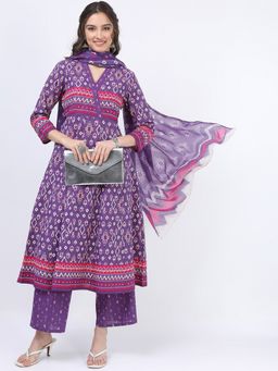 VISHUDH - Cotton Purple Printed Anarkali Kurta with Pant and Dupatta