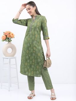 VISHUDH - Polyester Olive Printed Kurta with Pant