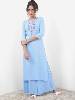 VISHUDH - Viscose Blue Embroidered Kurta with Palazzo