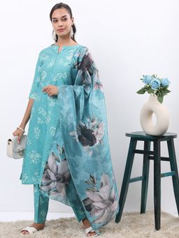 VISHUDH - Polyester Blend Blue Floral Kurta with Pant and Dupatta