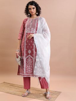 VISHUDH - Chanderi Rust Printed Kurta with Pant and Dupatta