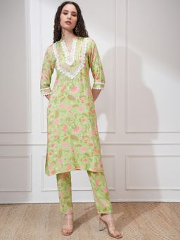 VISHUDH - Viscose Green Floral Kurta with Pant