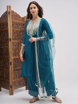 VISHUDH - Viscose Blend Teal Embroidered Kurta with Pant and Dupatta