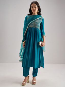 VISHUDH - Polyester Teal Embroidered Kurta with Pant and Dupatta