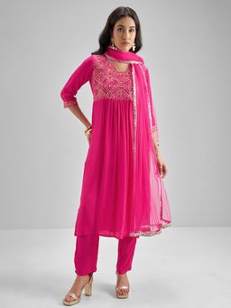 VISHUDH - Polyester Pink Embroidered Kurta with Pant and Dupatta