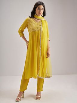 VISHUDH - Polyester Yellow Embroidered Kurta with Pant and Dupatta