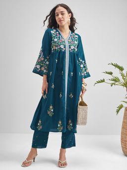 VISHUDH - Polyester Blend Teal Embroidered Kurta with Pant