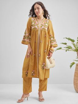 VISHUDH - Polyester Blend Mustard Embroidered Kurta with Pant