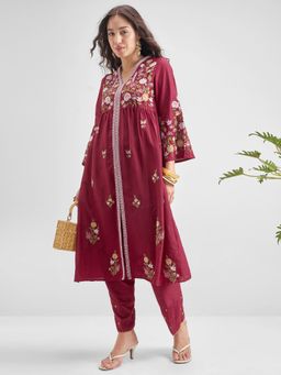 VISHUDH - Polyester Blend Maroon Embroidered Kurta with Pant
