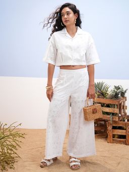 VISHUDH - Cotton White Embroidered Shirt with Palazzo