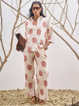 VISHUDH - Cotton White Floral Shirt with Pant