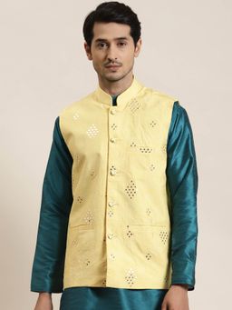 SOJANYA - Men Silk Blend Lemon Yellow Mirror Work Nehru Jacket