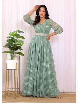 Label Kanupriya - Sage Green Mirrorwork Printed Georgette Jumpsuit (Set of 2)