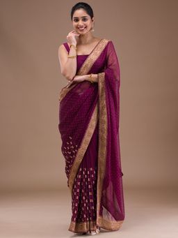Koskii - Wine Zari Work Semi Crepe Saree with Unstitched Blouse