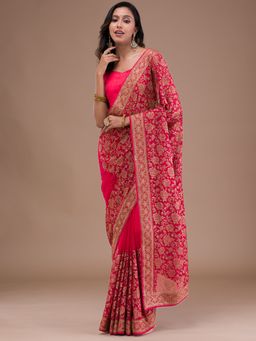 Koskii - Women Zariwork (Gold) Georgette Saree With Unstitched Blouse