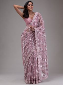 Koskii - Women Stonework (Silver) Net Saree With Unstitched Blouse