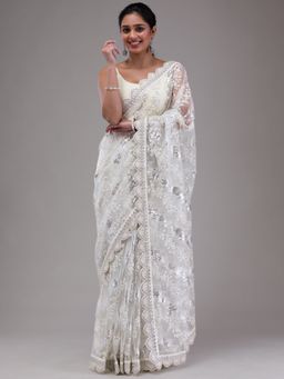 Koskii - White Thread Work Net Saree with Unstitched Blouse