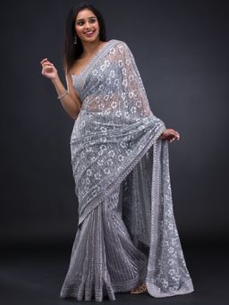 Koskii - Grey Stonework Lycra Saree with Unstitched Blouse
