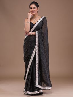 Koskii - Women Zariwork (Silver) Chiffon Saree With Unstitched Blouse