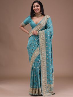 Koskii - Turquoise Blue Zari Work Raw Silk Saree with Unstitched Blouse