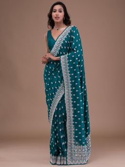 Koskii - Turquoise Blue Silver Zari Work Raw Silk Saree with Unstitched Blouse