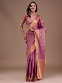 Koskii - Purple Zari Work Art Silk Saree with Unstitched Blouse