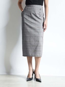 FableStreet - Grey Checks Straight Fit Skirt