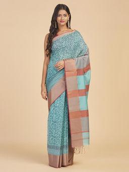 Fabindia - Blue Cotton Silk Blend Hand Block Printed Saree Without Blouse